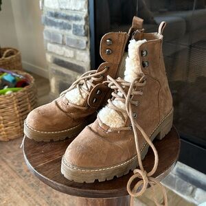 Camel brown suede lace up fleece boot. Great condition!